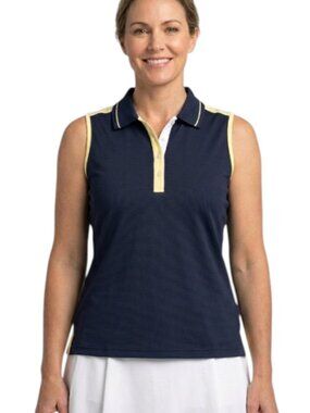 Sport Haley Golf Polo Top Sleeveless Navy White Yellow Trim Stretch Preppy M